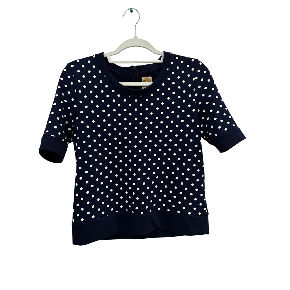 Zara Trafaluc Navy‎ Blue White Polka Dot Short Sleeve Sweatshirt Top Small